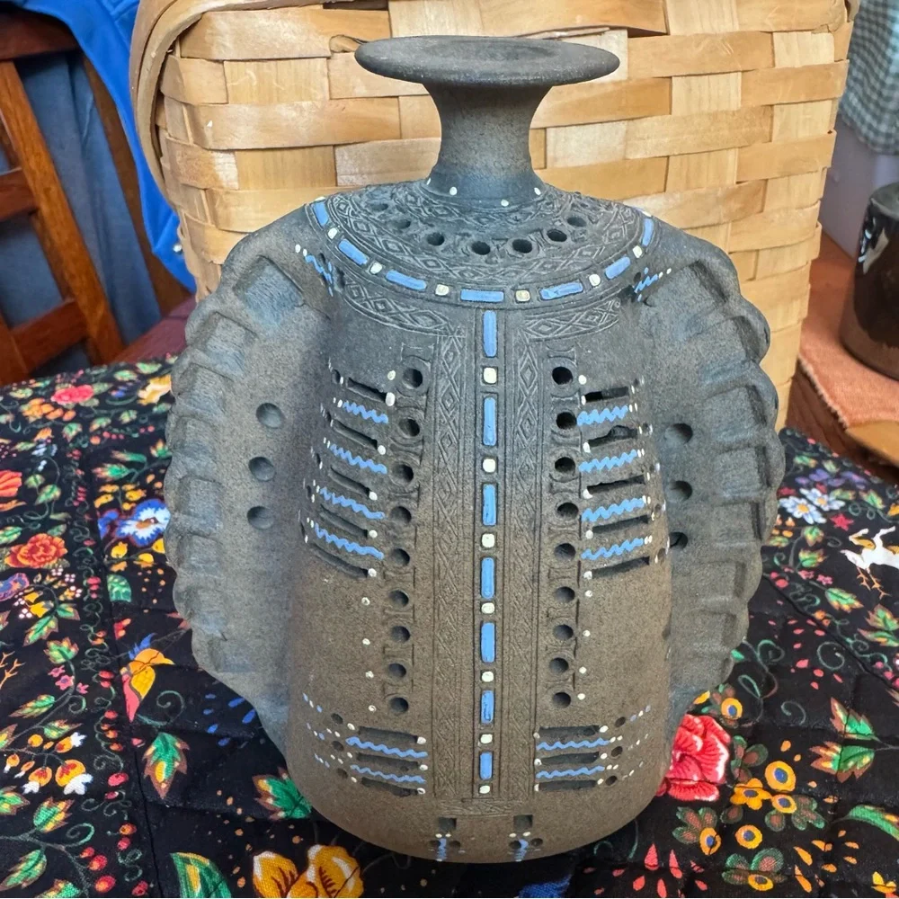 Vintage Art Studio Pottery Weed Pot Vase Perforated Holes Pinch Toledo Spain